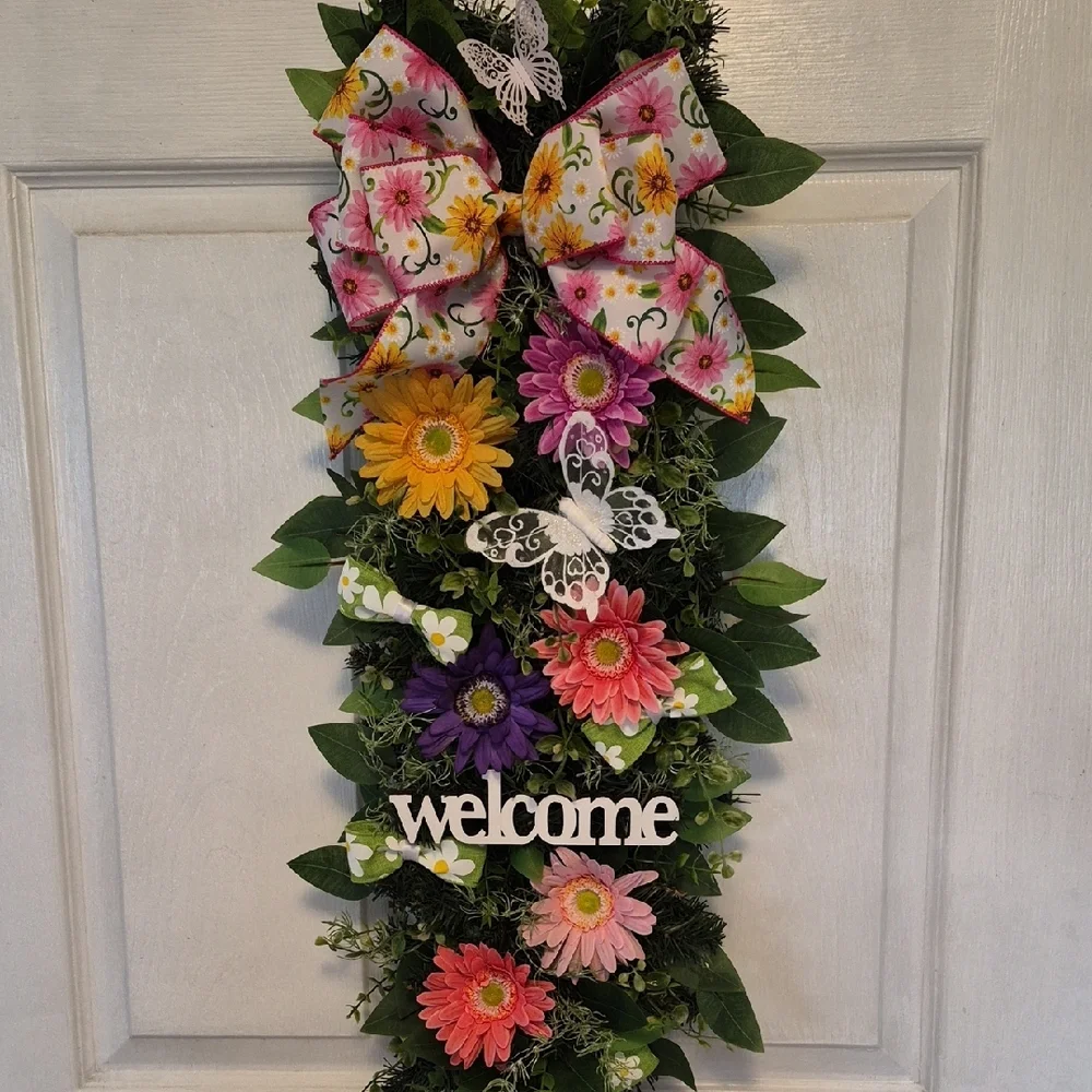 Floral Welcome Wreath Swag , Gerber Daisies , Door Decoration